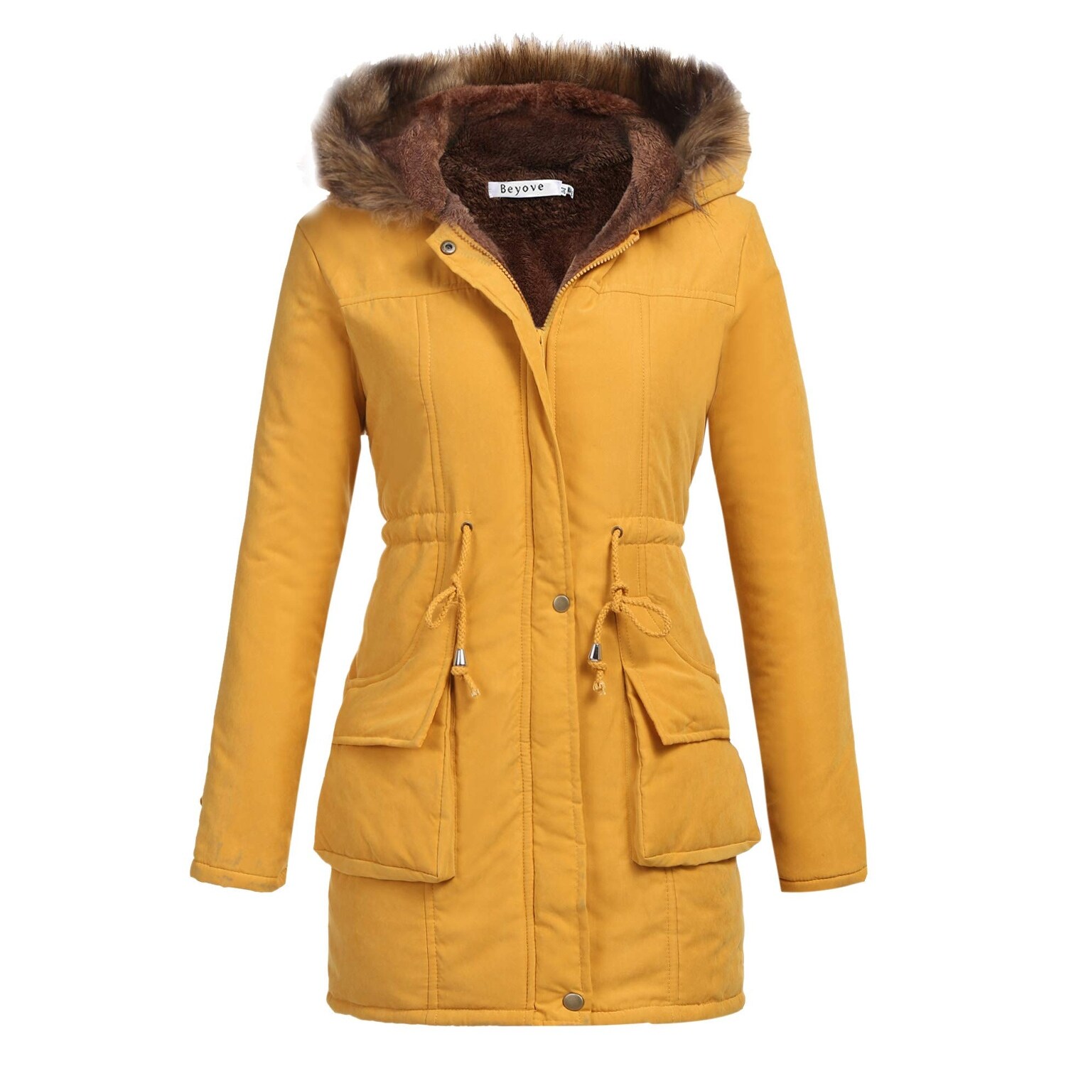 womens mustard coats with big fur hoods
