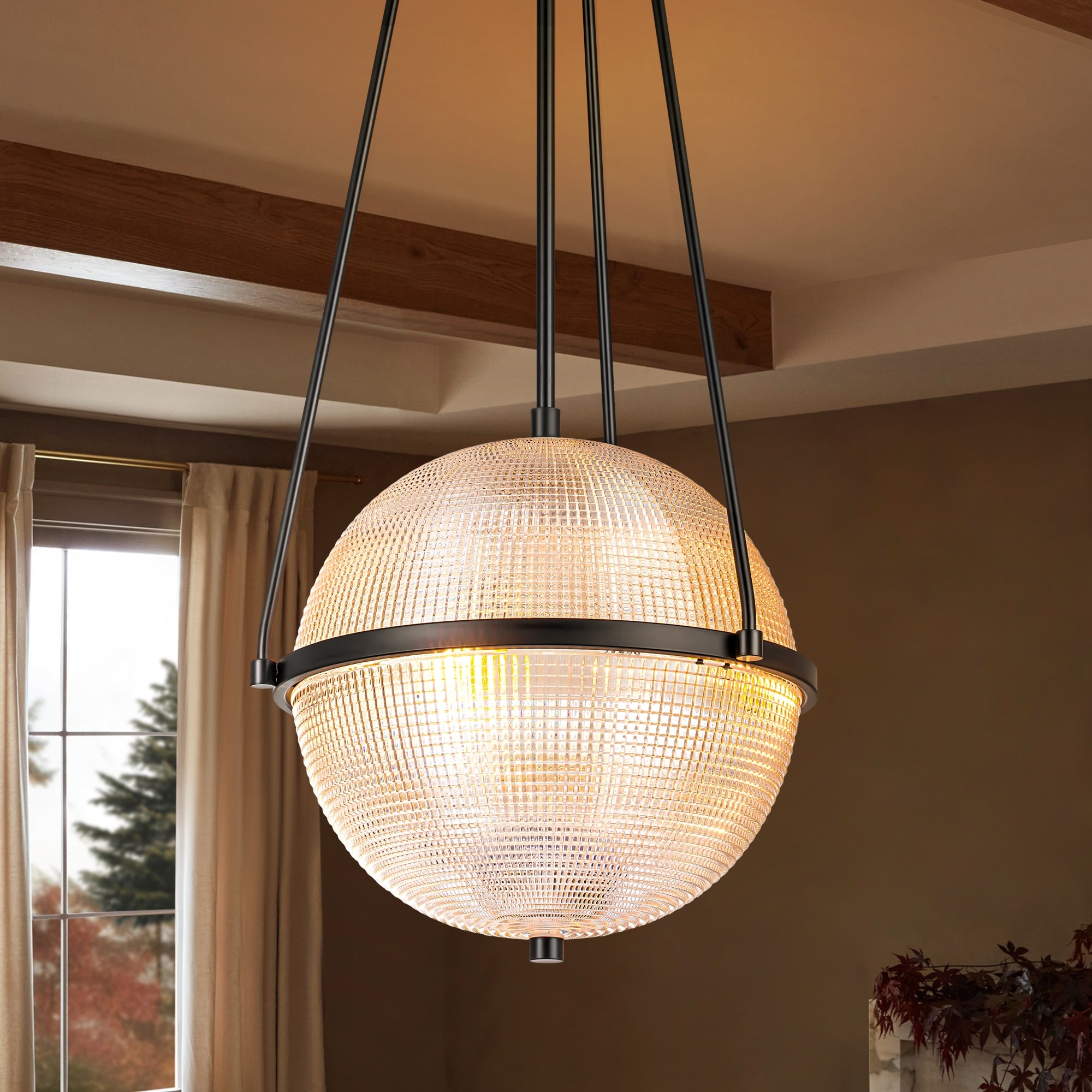 3-Light Mid-Century Modern Black Metal Globe Clear Textured Glass Pendant Lights - 13.7 in. W x 27.5 in. H