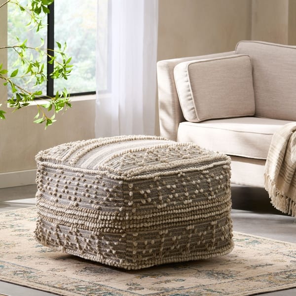 slide 2 of 8, Bonita Boho Cube Wool and Cotton Pouf by Christopher Knight Home 26.00"D x 26.00"W x 16.50"H