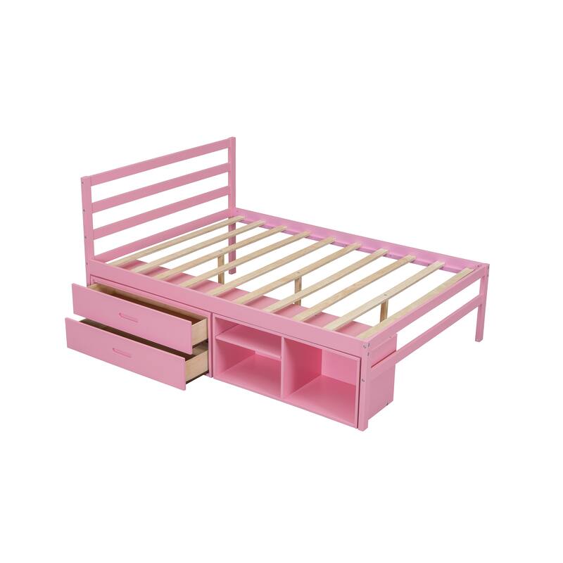 Full Platform Bed with Removable Shelves and Two Drawers, Sturdy Wood Frame for Extra Storage, Modern Look