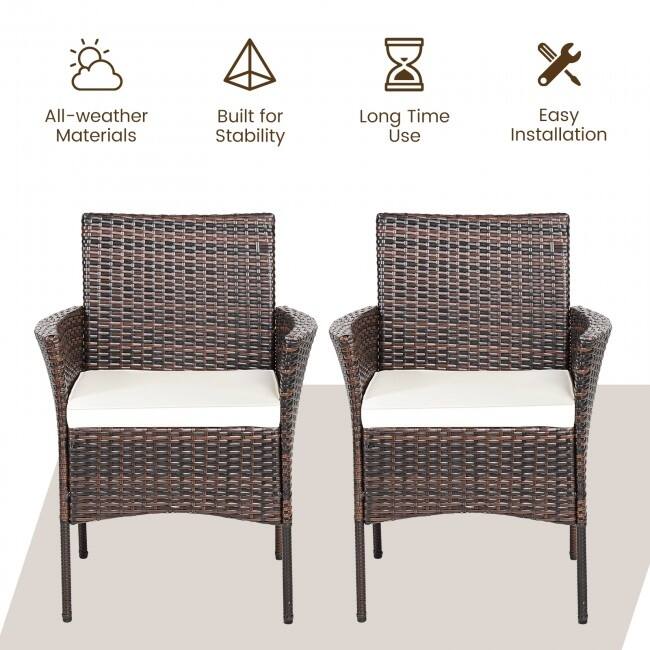 2 Pieces Rattan Arm Dining Chair Cushioned Sofa Furniture Patio - 25'' x 23'' x 33'' (L x W x H)
