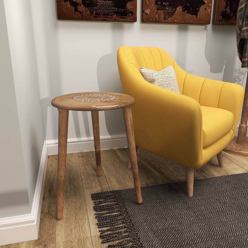 Mango Wood Handmade Intricately Carved Floral Accent Table with Tripod Legs - Dark Brown, White, Brown