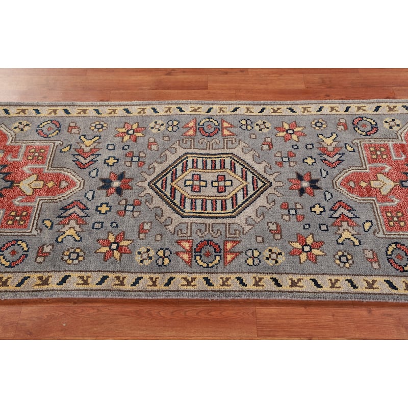 Hand Knotted Oriental 100% Wool Carpet Traditional Geometric Greys & Charcoal Heriz (serapi) Runner Rug - 7' 8'' X 2' 7''