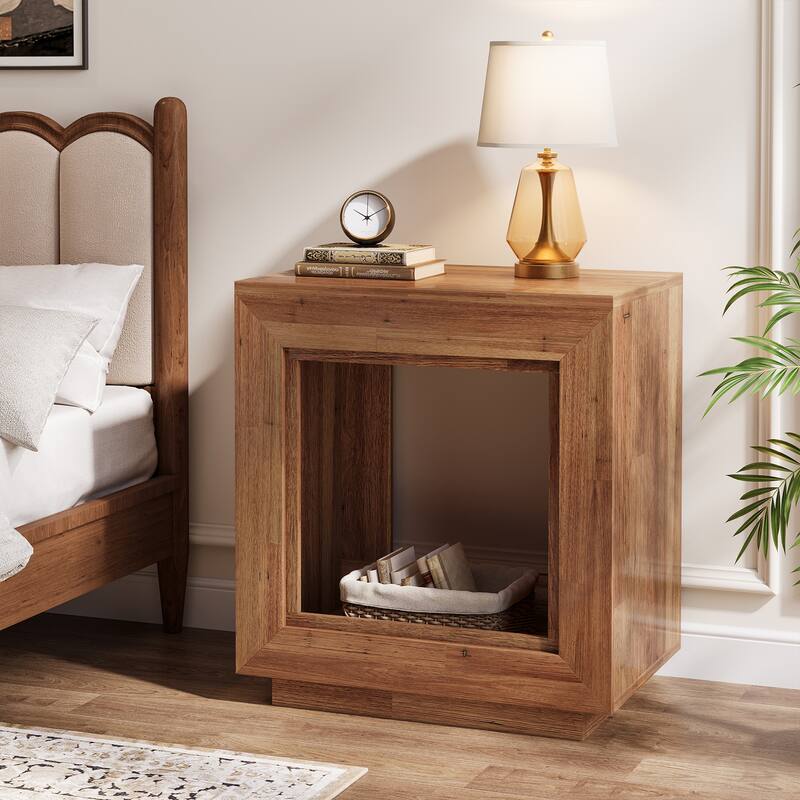 24" Rustic 2-Tier End Table, Side Table with Storage Shelf, Sofa Nightstand for Living Room, Bedroom, Entryway