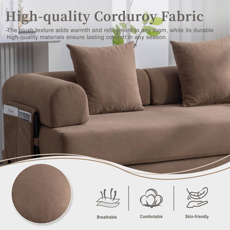 Foldable Modular Couch Sleeper Loveseat Sofa Bed with Storage Side Pocket, Detachable Metal Frame and Corduroy Fabric Cover