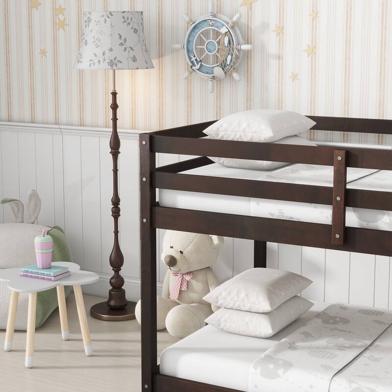Wooden Twin over Twin Floor Bunk Bed with Ladder, with Bed Platform of Strengthened Slats