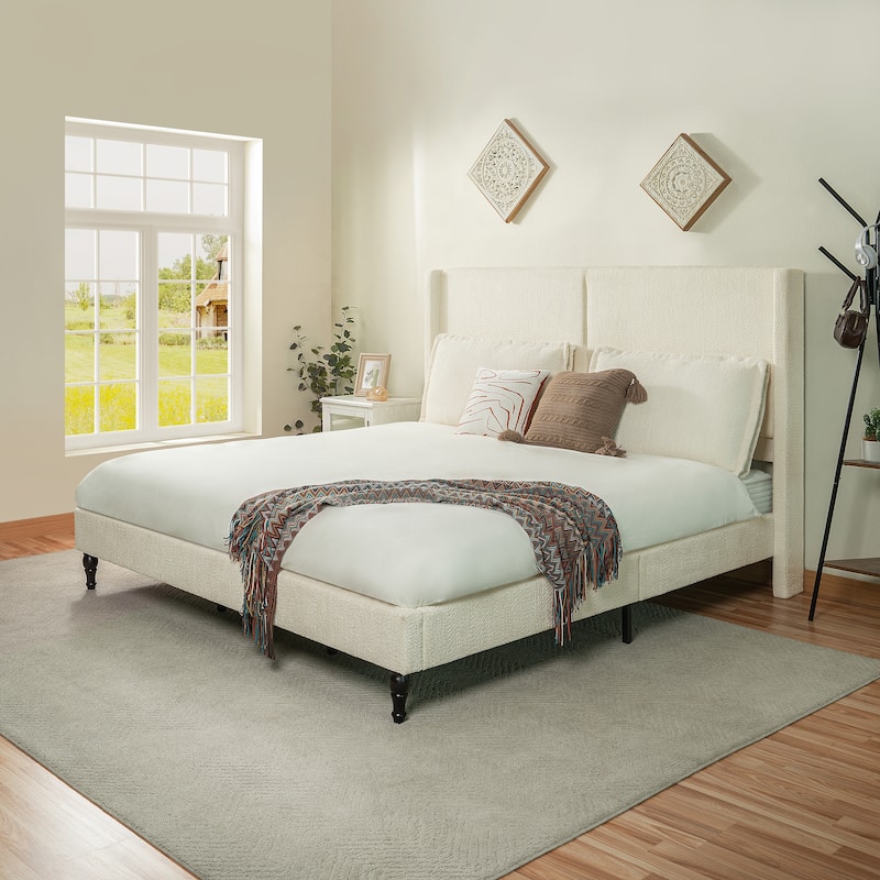 Queen Size Bed Frame with 55.5"High Back Upholstered Boucle Fabric Headboard