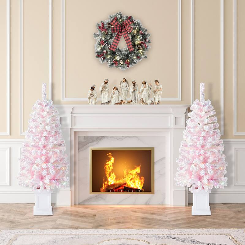 Glitzhome 4ft/5ft Pre-Lit Flocked Pink Artificial Christmas Porch Tree with Foot Pedal LED Lights - 2-Piece 4ft