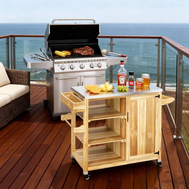 GDFStudio Outdoor Aerin Stainless Steel Grill Cart with Solid Wood Frame and Multi-Tier Storage