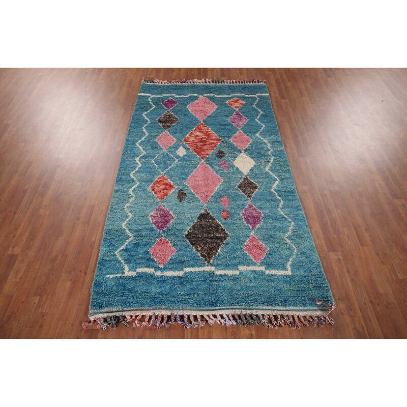 Turquoise Blue Moroccan Oriental Area Rug Hand-Knotted Wool Carpet - 5'0"x 9'1"