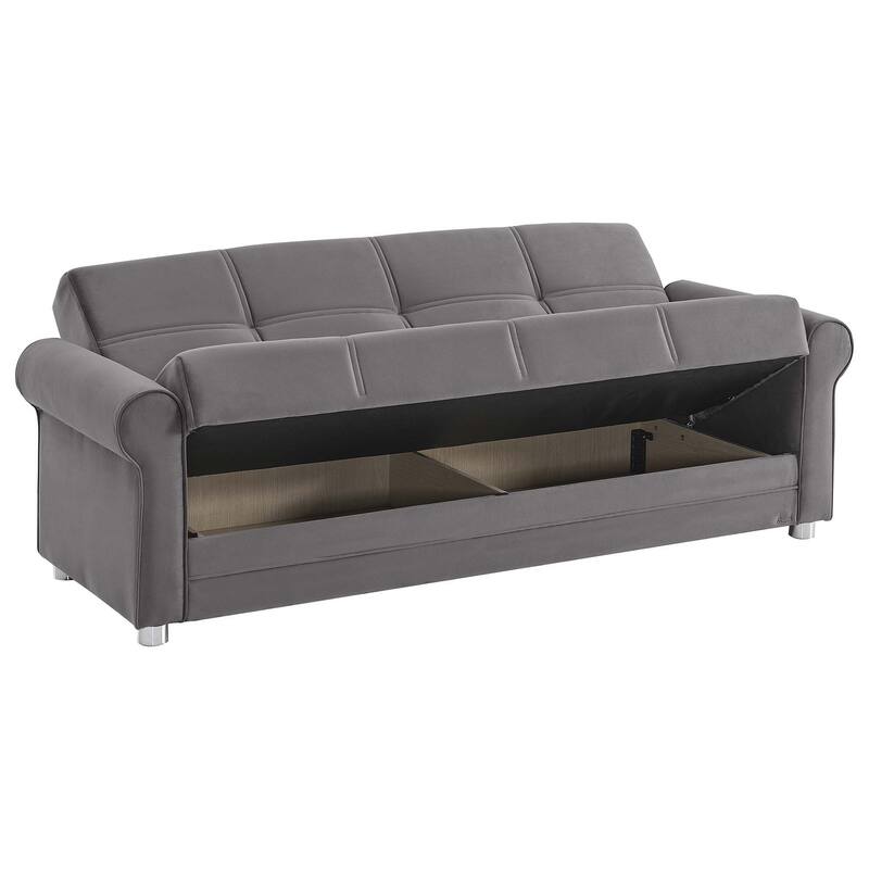 HomeRoots 89" Gray Microfiber Convertible Futon Sleeper Sofa And Toss Pillows With Storage
