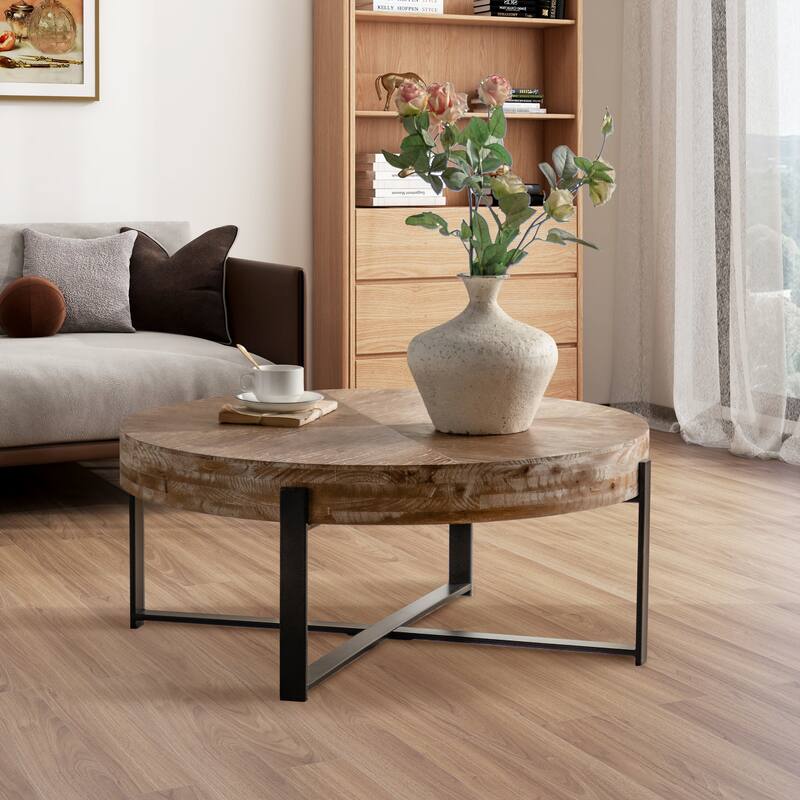 31"W Round Coffee Table With Fir Wood Table Top and Metal Frame End Table - Black Legs
