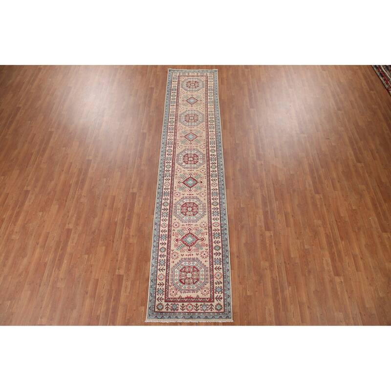Hand Knotted Oriental 100% Wool Carpet Traditional Geometric Beige & Ivories Kazak Runner Rug - 12' 9'' X 2' 9''