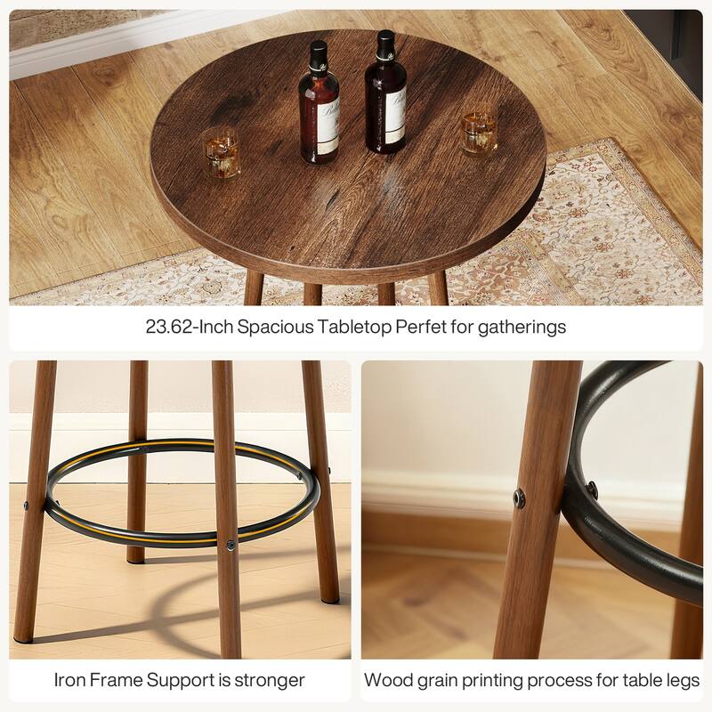 Industrial Pub Table Set 23.6" Round, 2 Stools, Small Bar Height for Kitchen Dining Living Room