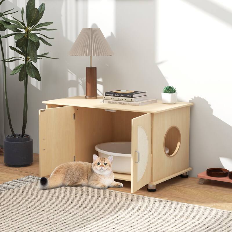 Cat Litter Box Enclosure with Sisal Scratching Doors and Adjustable Metal Feet-Natural - 32" x 19" x 21" (L x W x H) - Natural