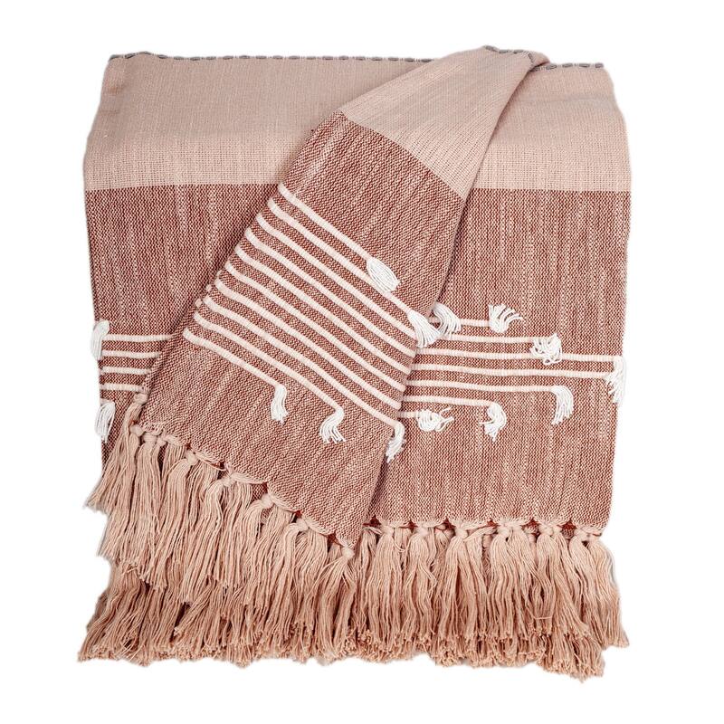 HomeRoots 50" X 60" Gray and Rust Woven Cotton Striped Throw Blanket with Fringe, Embroidery