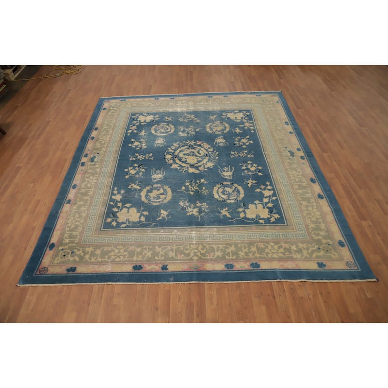 Hand Knotted Oriental 100% Wool Carpet Traditional Medallion Navy Blue & Blues Art Deco Area Rug - 10' 0'' X 8' 10''