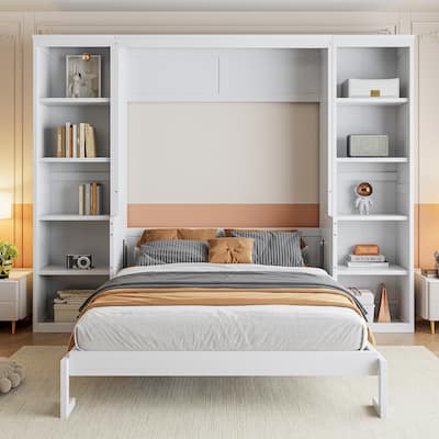 Full Size Murphy Bed with 2 Side Cabinet Storage Shelves, Hidden Convertible Folding WallBed with Desk Combo for Bedroom