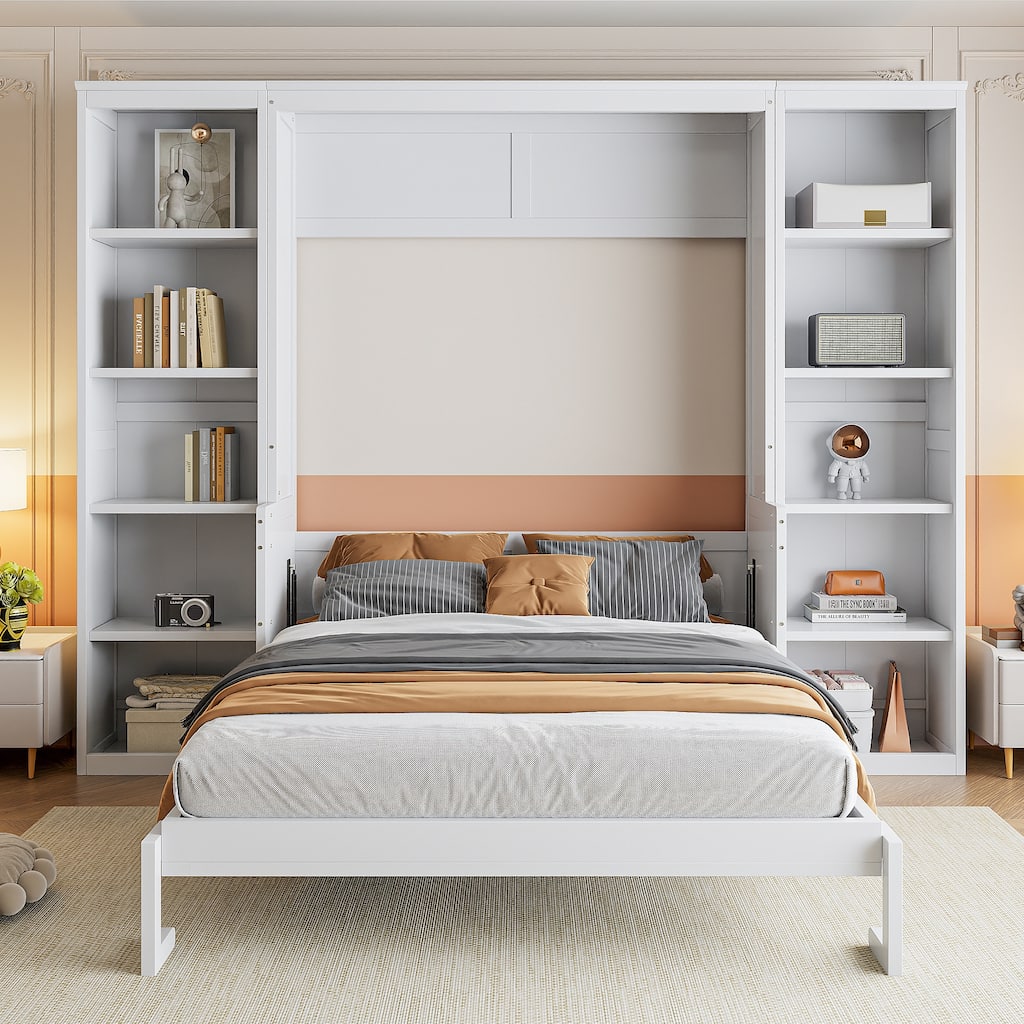 Full Size Murphy Bed with 2 Side Cabinet Storage Shelves, Hidden Convertible Folding WallBed with Desk Combo for Bedroom