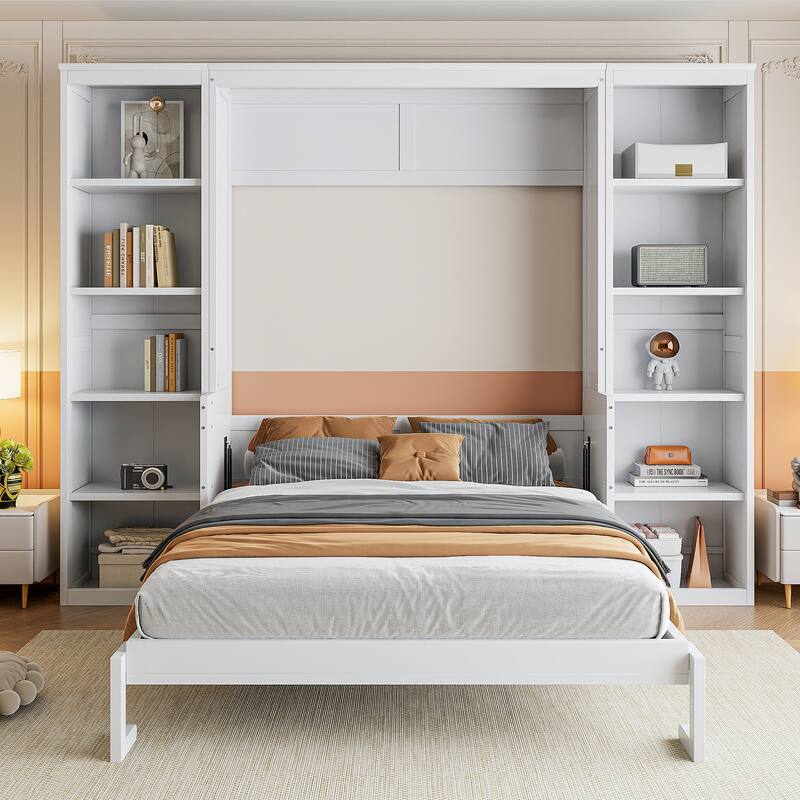 Full Size Solid Wood Murphy Bed with Convertible Desk, Bookshelves and 600lb Capacity