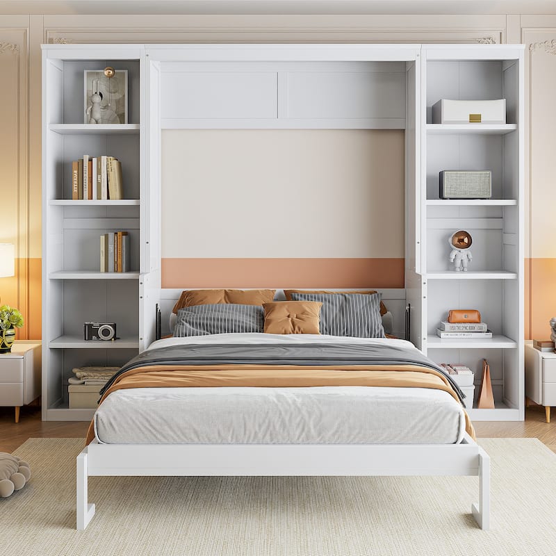Large Murphy Bed, Wood Folding Wall Bed with Desk and Bookshelf - White - Full