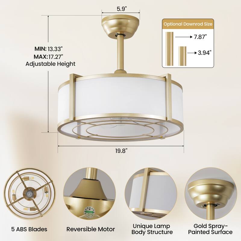 20" Modern Fabric Caged Ceiling Fan Chandelier with Remote - 4-Light