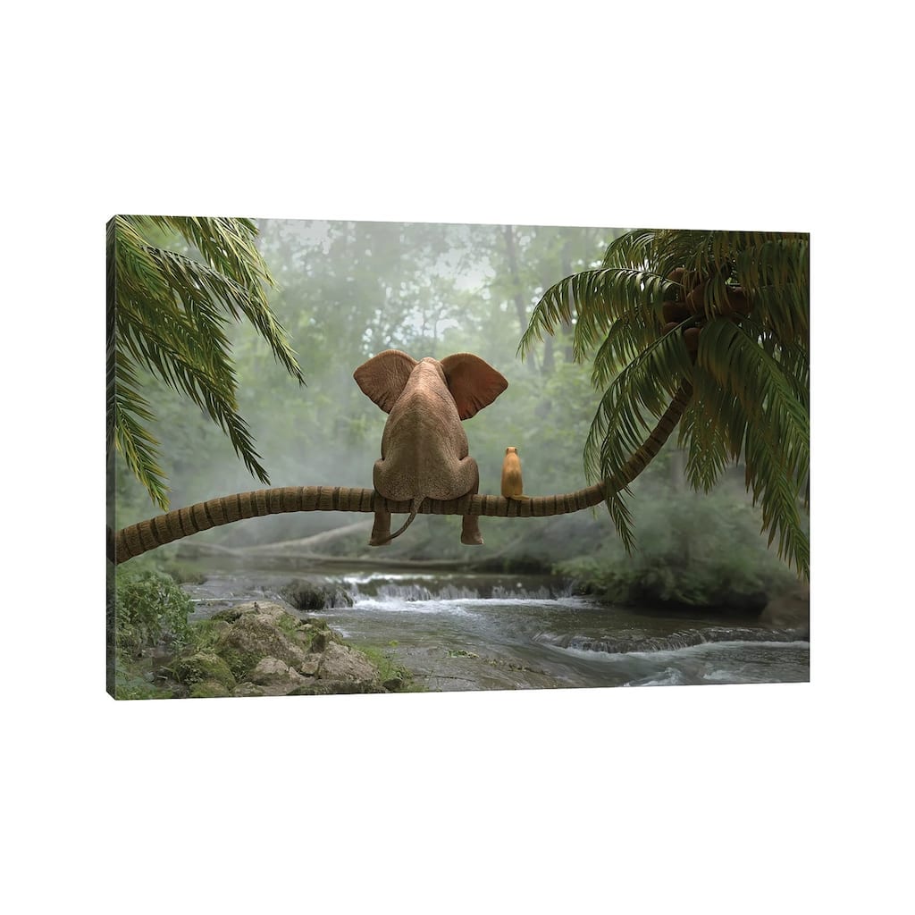 iCanvas "Elephant And Dog Sit On A Palm Tree In Tropical Forest" by Mike Kiev Canvas Print