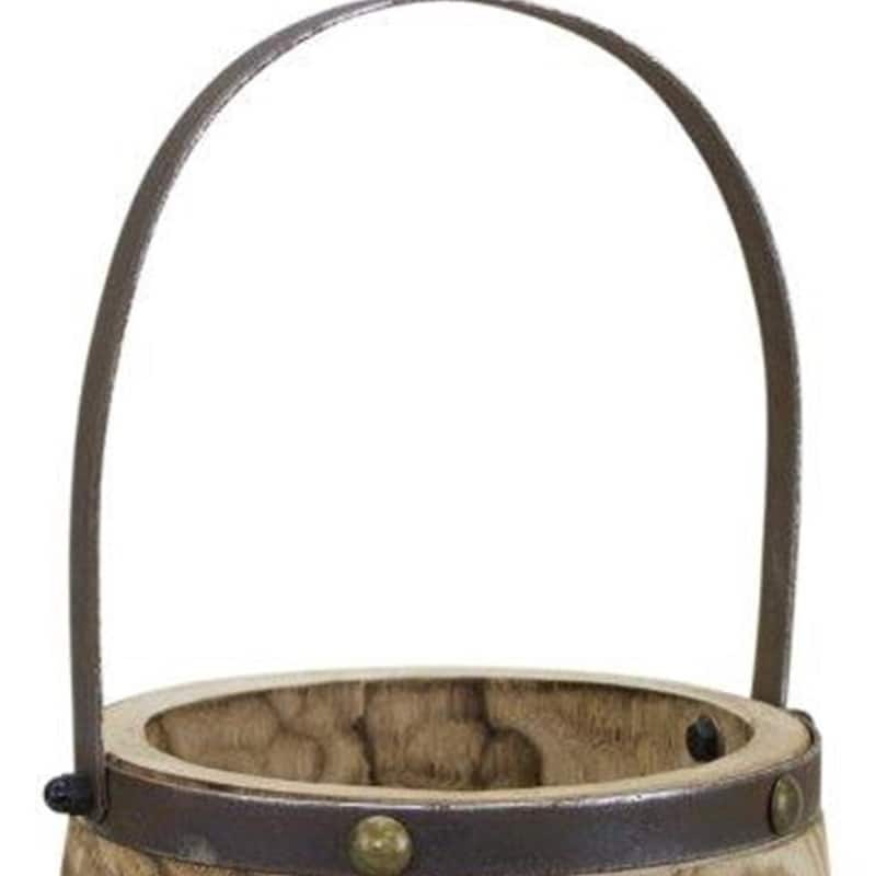 HomeRoots Set of Two Natural Wood And Steel Bucket Pot Planters - 9.00 in. x 14.00 in. x 9.00 in.
