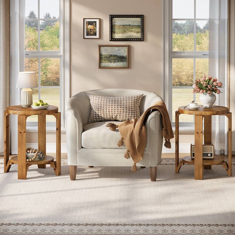 Round End Table with Storage Shelf, 2 Tier Solid Wood Side Table for Living Room