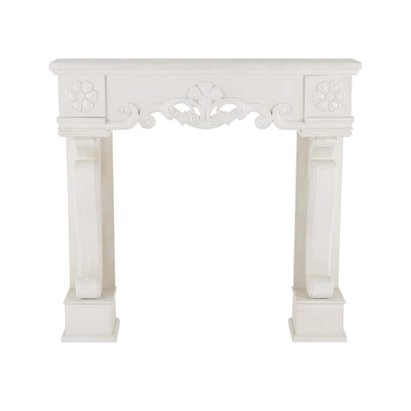 Wooden Scroll Freestanding Fireplace Mantle with Floral Accents - Black or White - Roche River Decor