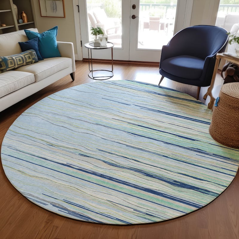 Machine Washable Indoor/ Outdoor Modern Stripe Chantille Rug - Sky - 8' x 8'