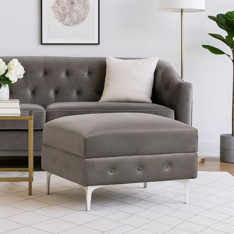 Anzo 32 Inch Square Ottoman, Button Tufting, Chrome Plated Steel Legs, Gray