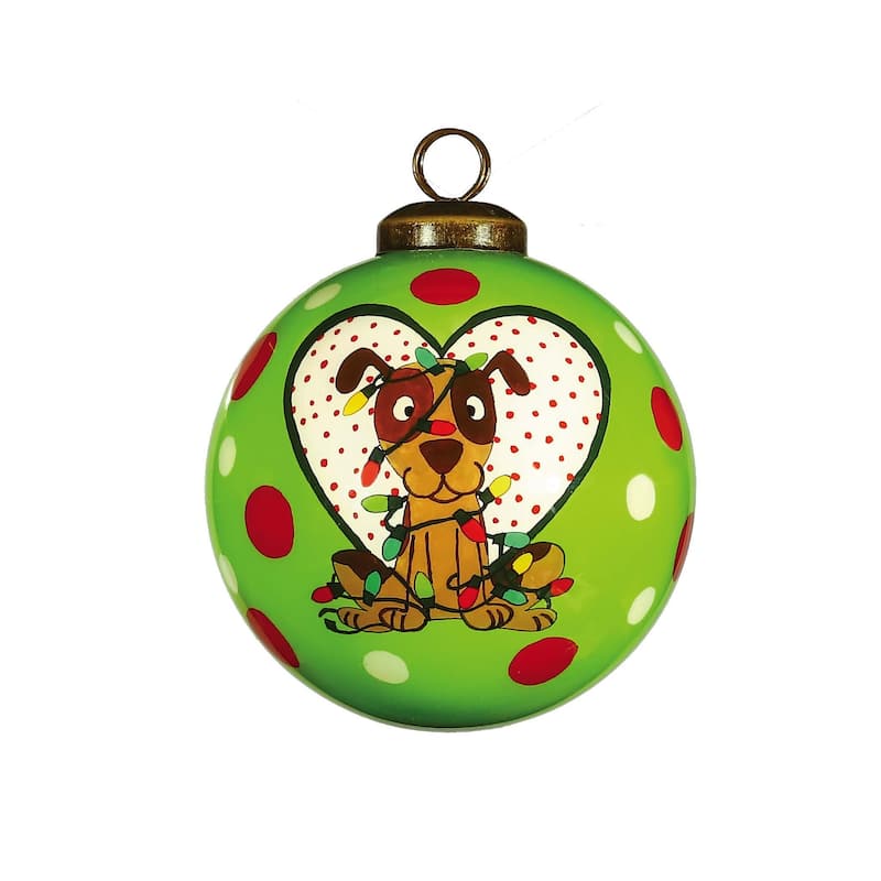 Charming Dog in a Heart Hand Painted Mouth Blown Glass Ornament - 3" x 3" x 3"