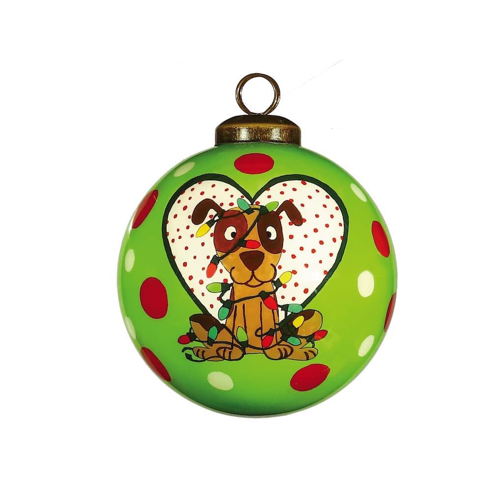 Charming Dog in a Heart Hand Painted Mouth Blown Glass Ornament - 3" x 3" x 3"
