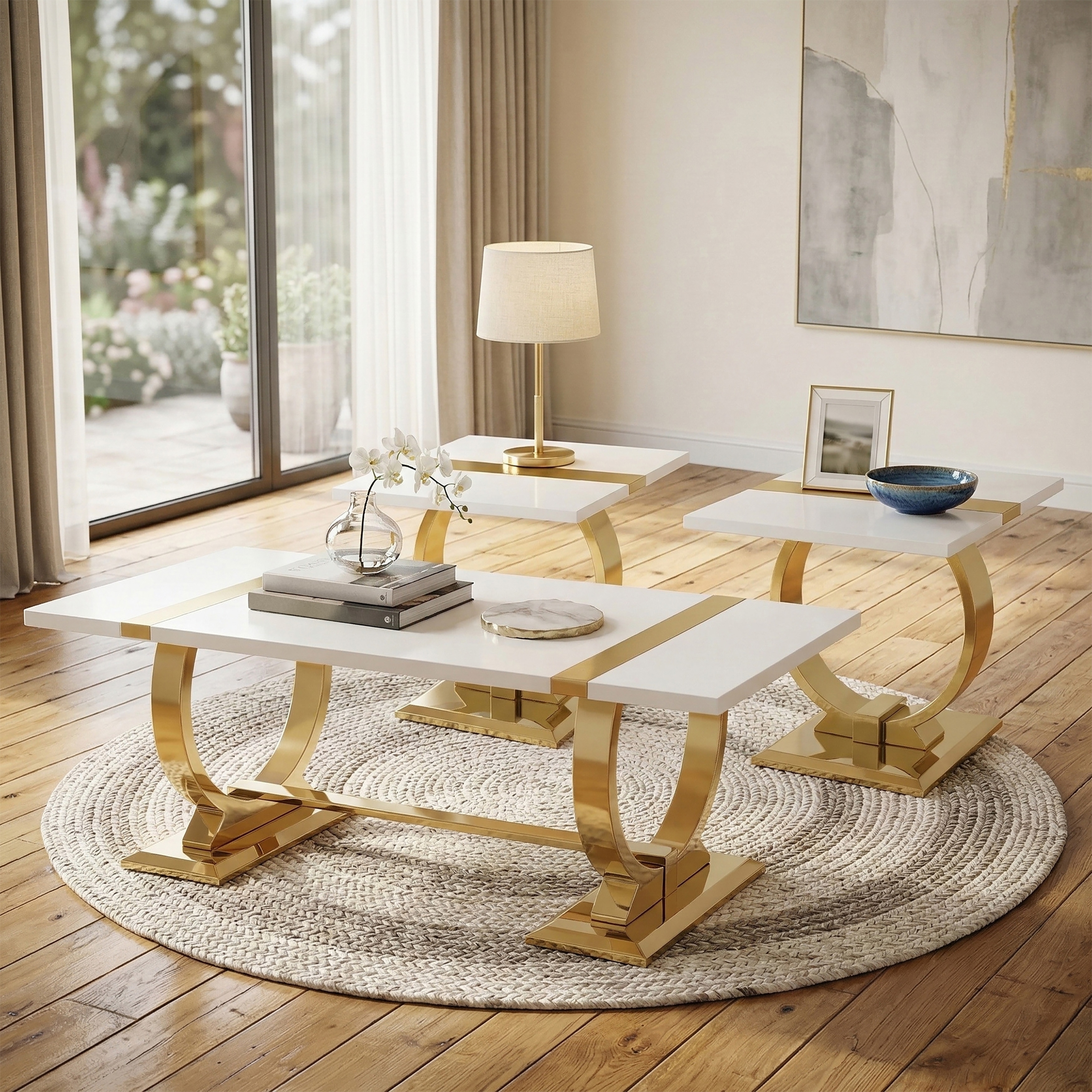 Furniture of America Carra Modern 3-Piece Stainless Steel O-Shaped Trestle Base Coffee Table Set with 2 End Tables
