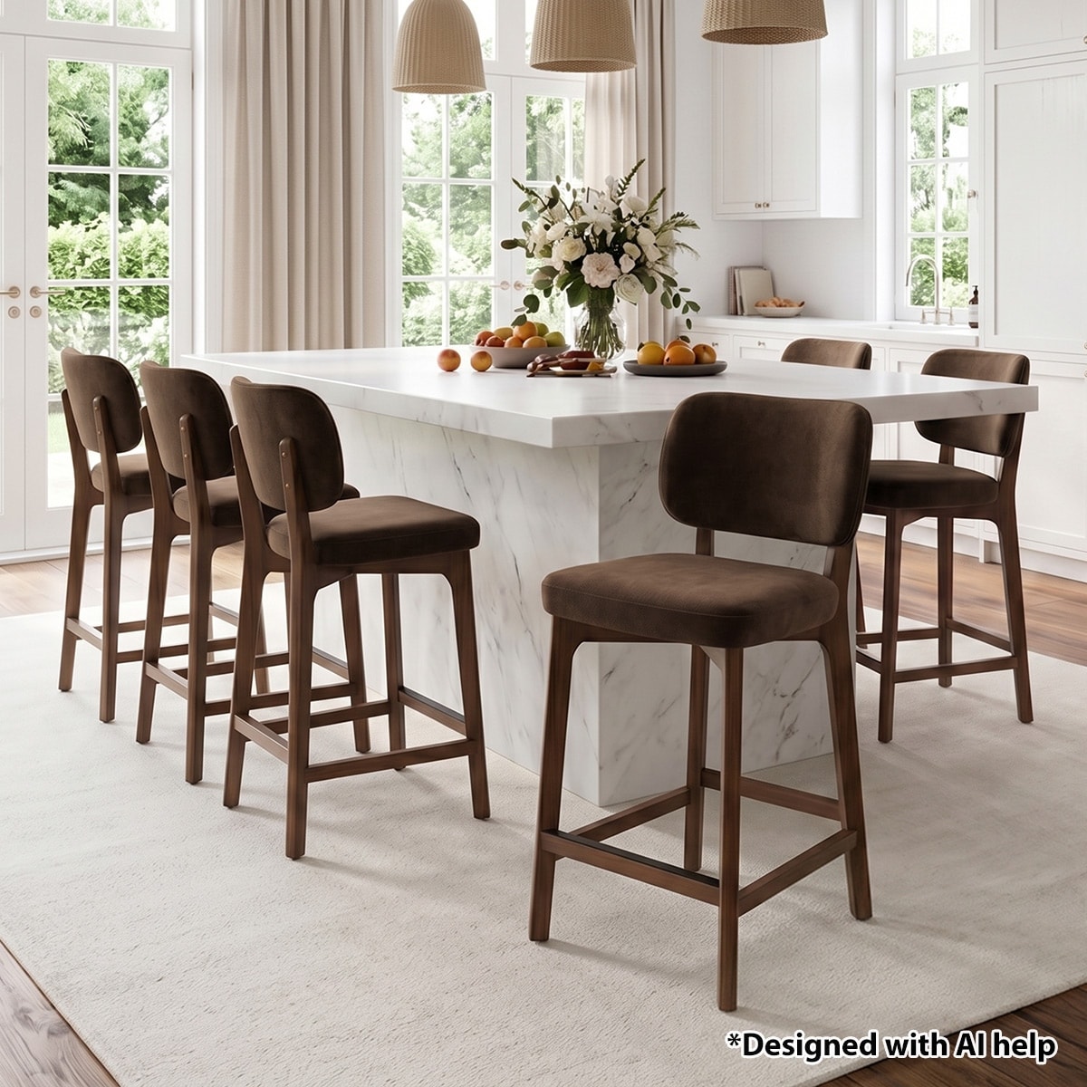 25.5" Upholstered Velvet Counter Stools With Solid Wood Legs (Set of 6)