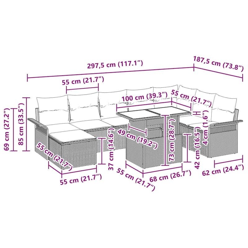vidaXL 9 Garden Sofa Set with Cushions Black/Brown/Grey Poly Rattan - 117.1 x 73.8 x 27.2