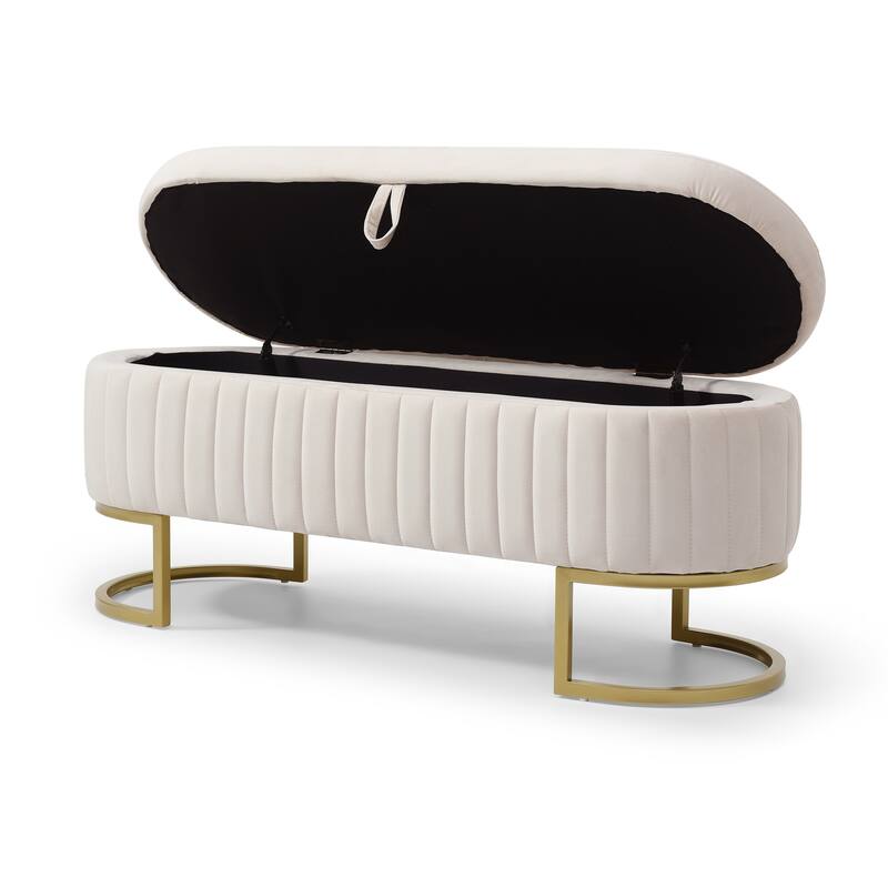 Storage Bench Bedroom Bench, Velvet Oval Upholstered End of Bed Bench with Golden Metal Legs, 50"Modern Storage Ottoman Bench