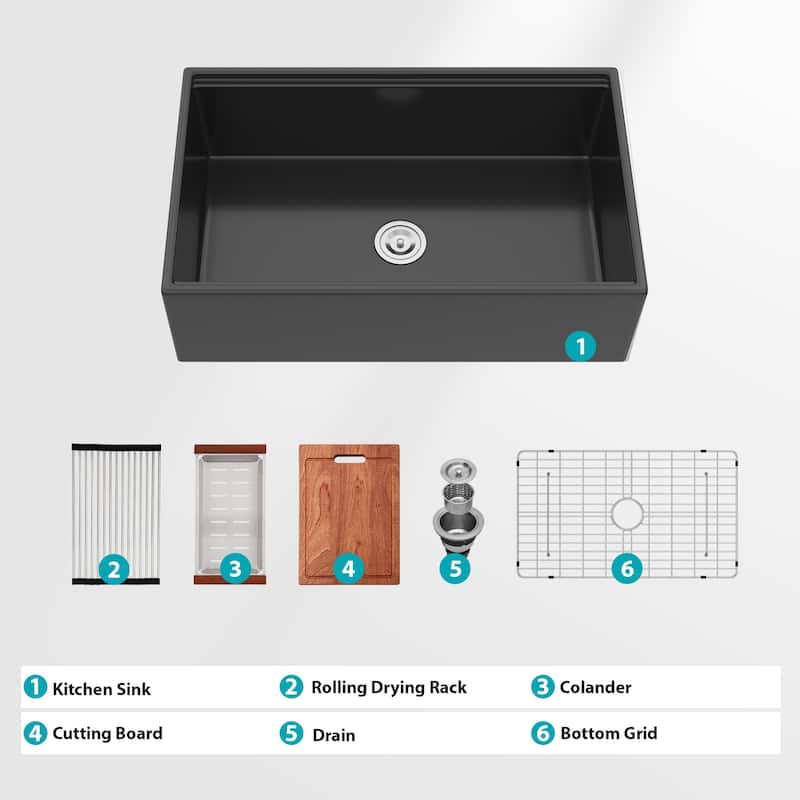 33" Farmhouse Kitchen Sink Workstation 33 x 20 x 10 inch Porcelain Ceramic Sngle Bowl Reversible Design Kitchen Sink