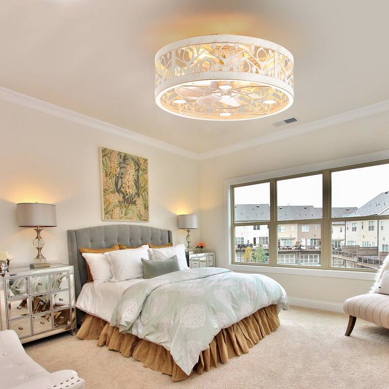 16.5in Vintage Distressed White Flush Mount Caged Ceiling Fan with Remote Light(7-Blade)