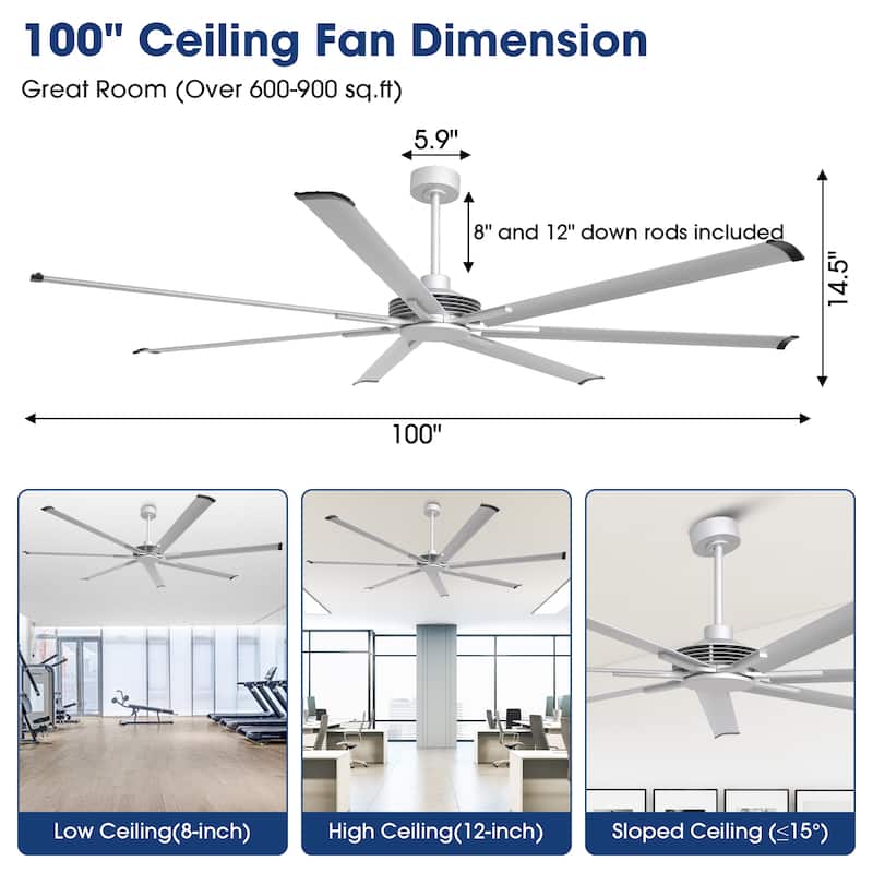 100" Indsutrial Black/ Silver Extra Larger Commercial Ceiling Fan with Remote - 100" Huge Fan