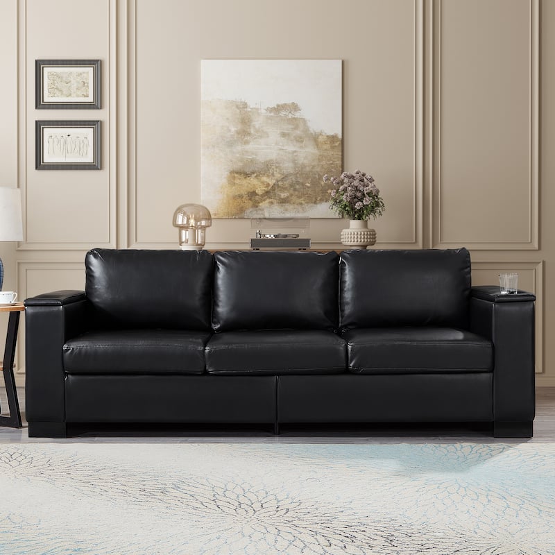 Faux Leather Upholstered Loveseat, Oversized 3 Seater Sofa with Square Arms, Deep Seat Sofa with Cup Holder & Storage
