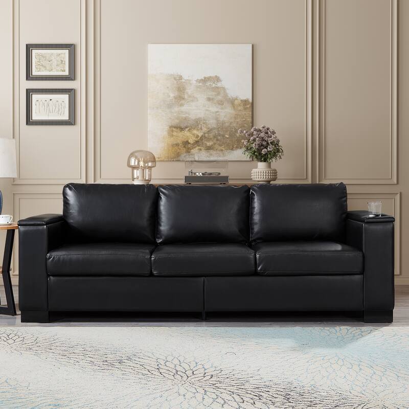 Roomfitters 93.7" Modern Sofa with Square Armrests, Faux Leather Couch with Cup Holder and Storage for Living Room