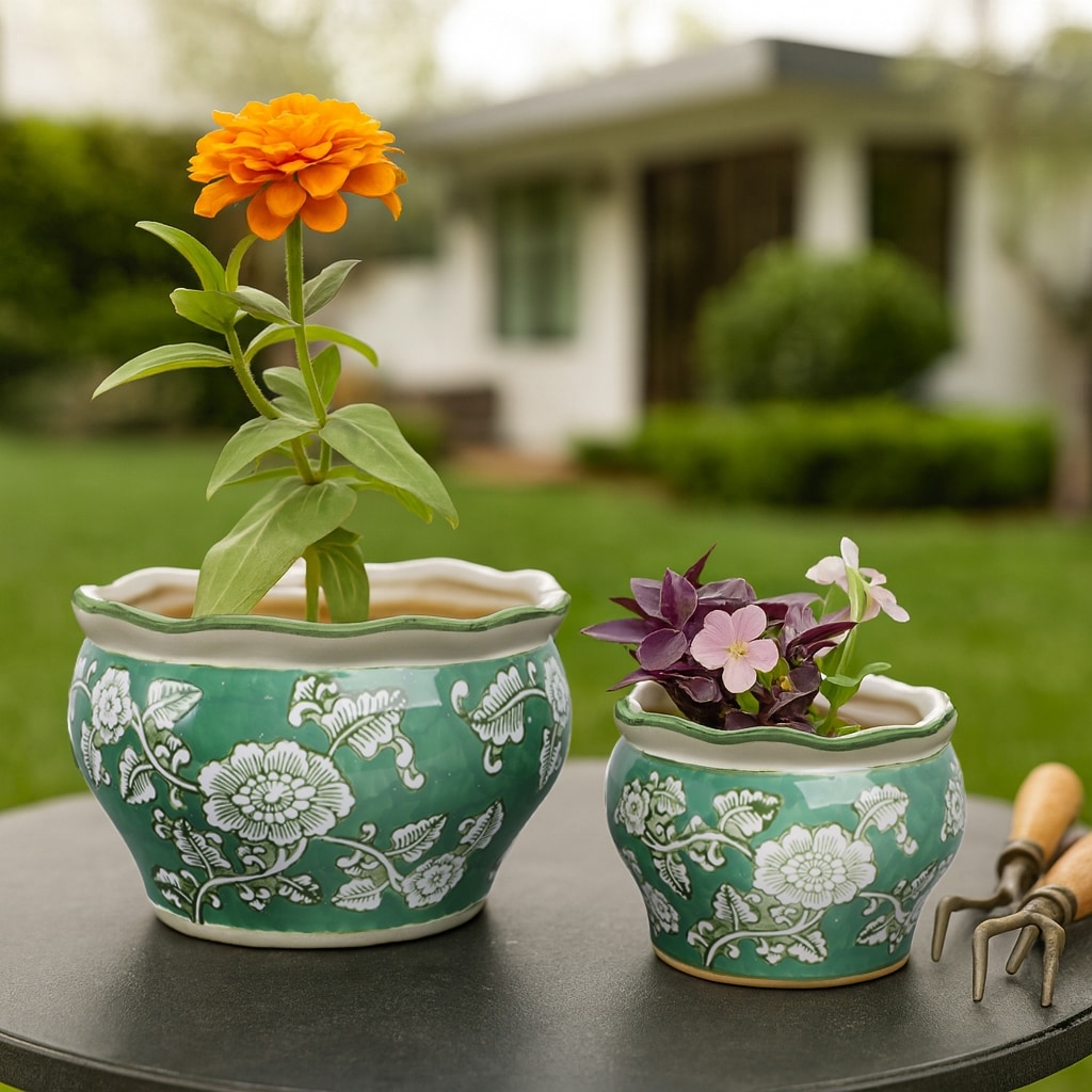 Ceramic Flower Pots with Floral Pattern - Set of 2, Green