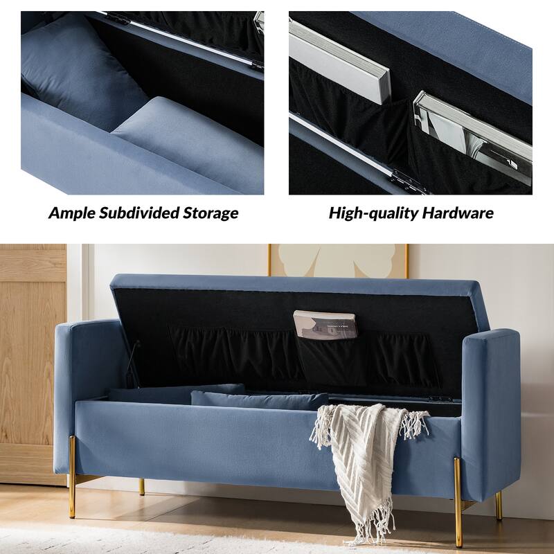Angelus Modern 56''W Upholstered Flip Top Storage Bench withTwo Pillows and Arms by HULALA HOME