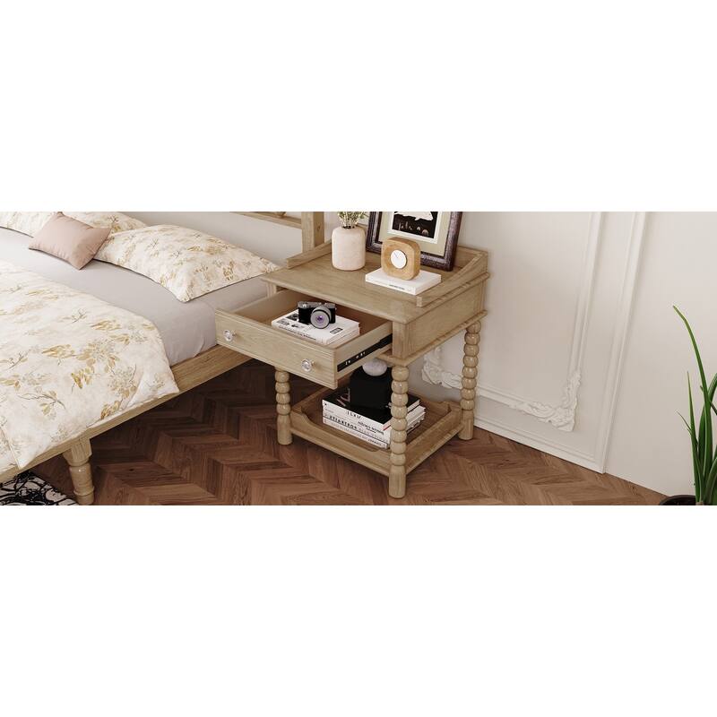 Retro Style Nightstand with Drawer & Open Shelf - Turned Legs Bedside Table with Metal Handle (Natural)