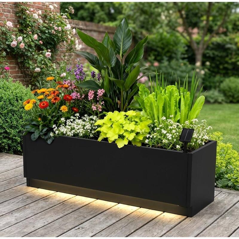 LED Metal Planter Box, with Exterior Light Strips & Controller - Black