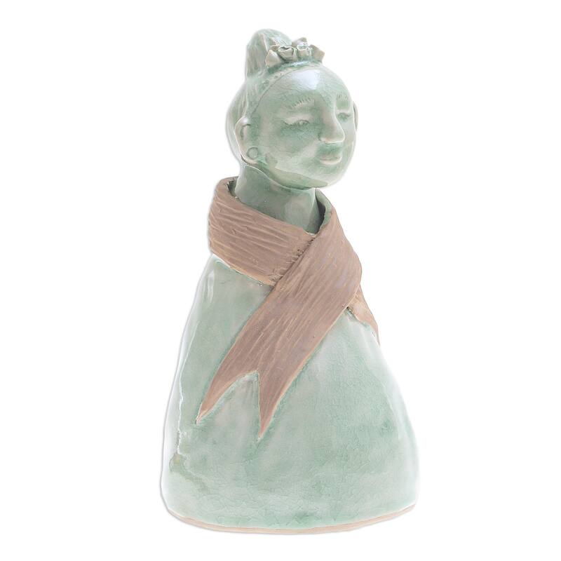 Novica Handmade Hill Tribe Woman Celadon Ceramic Sculpture