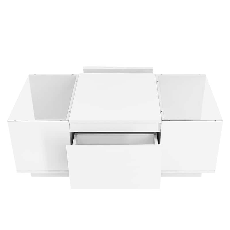 Modern Center Table with High-Gloss Finish and Glass Tabletop, Coffee Table with Open Storage Compartment and 2 Hidden Drawers