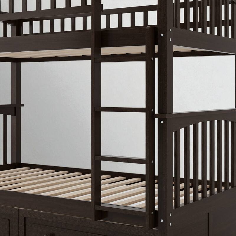 Twin Over Twin Convertible Bunk Bed with Storage Drawers, Fence Guardrail, Solid Wood Frame, No Box Spring Needed